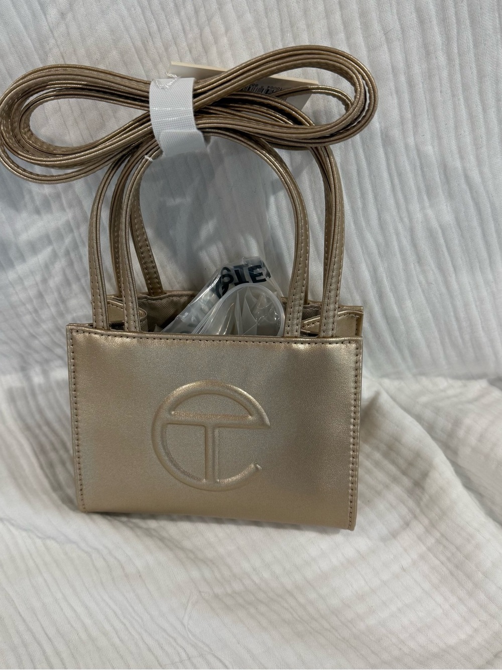 Telfar Metallic Champagne Mini Tote Bag with Logo Accent